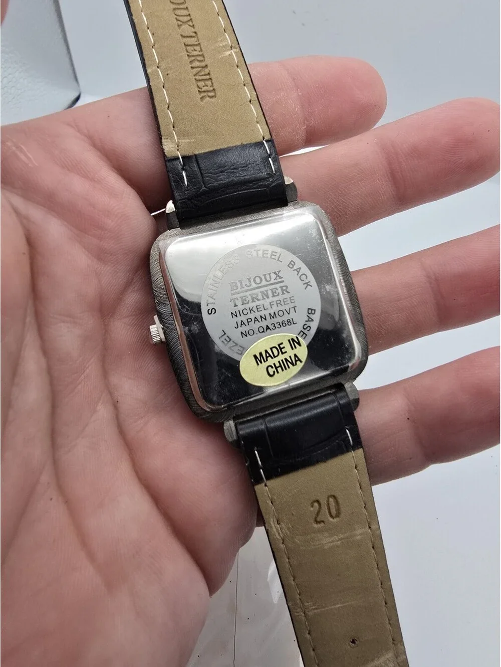 Bijoux Terner QA3368L Ladies Square Black Rhinestone Bezel Quartz Watch Leather